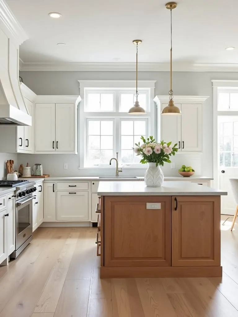 A farmhouse white kitchen with a warm wood tone island, complemented by a light stone countertop