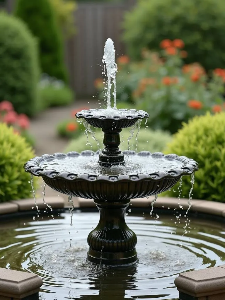 A water fountain feature in a front yard garden.