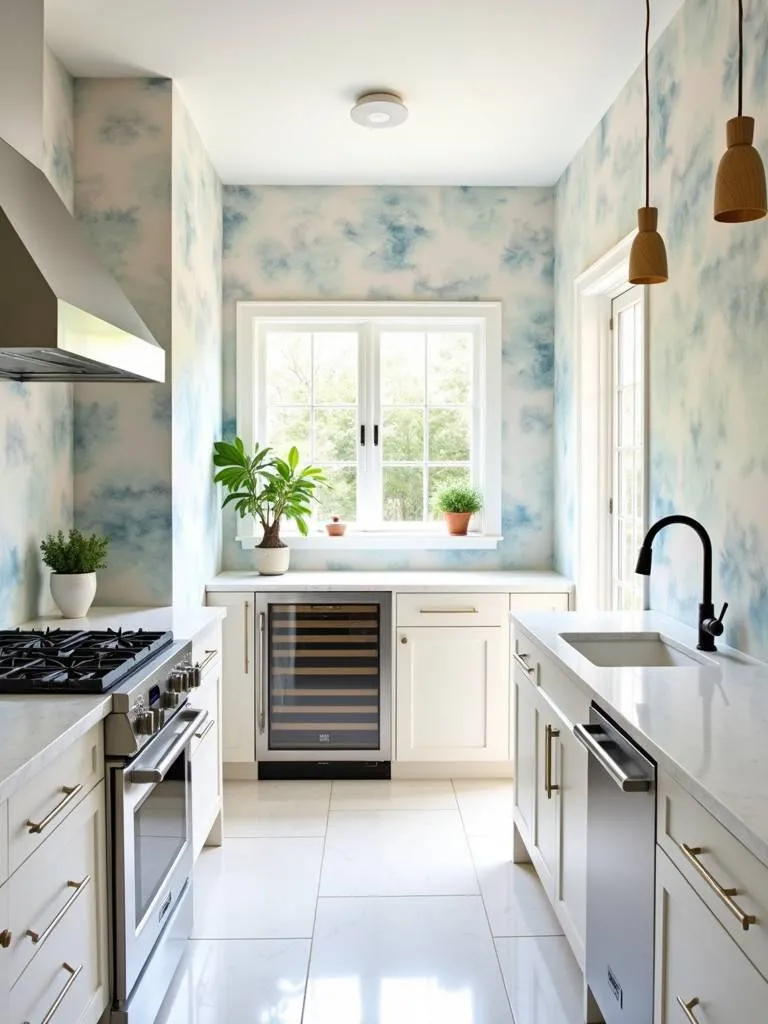 A kitchen featuring watercolor effect wallpaper