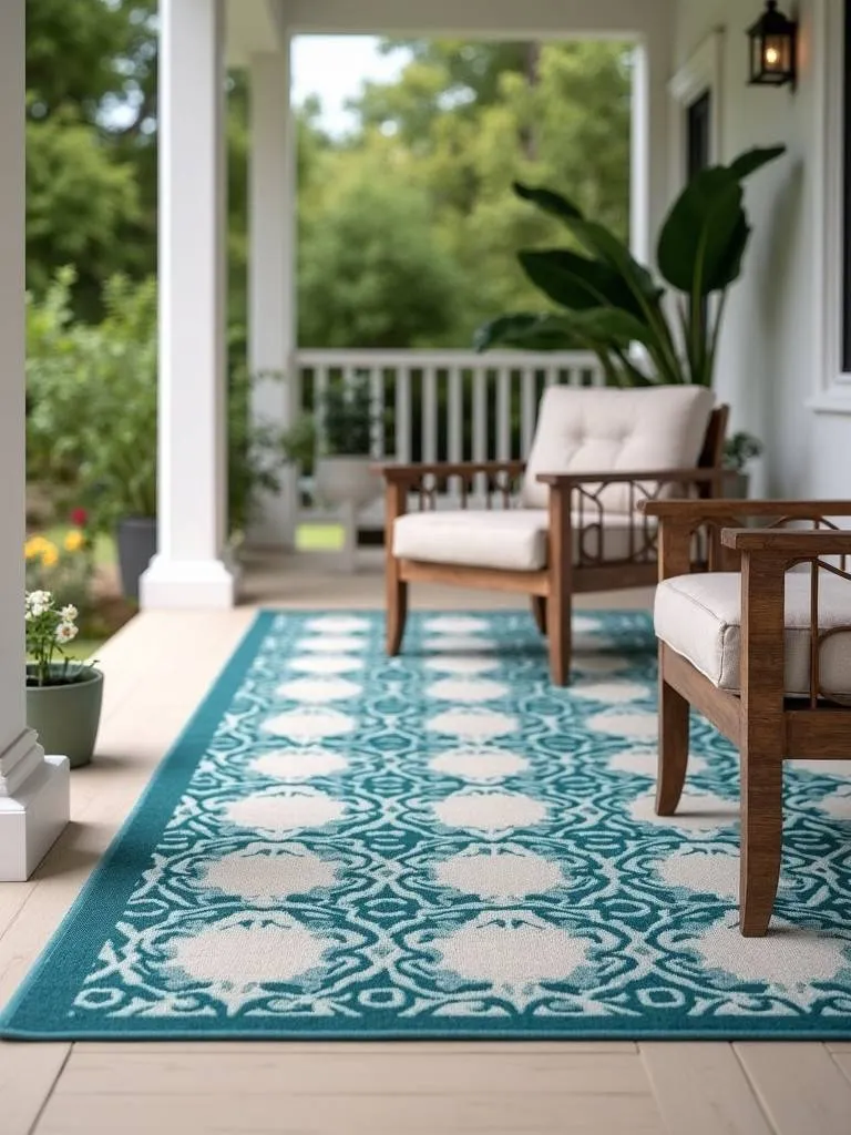 A patterned outdoor rug on a front porch with patio furniture.