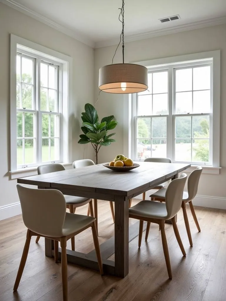 A weathered grey farmhouse dining table in a bright modern farmhouse dining space, including a light color scheme