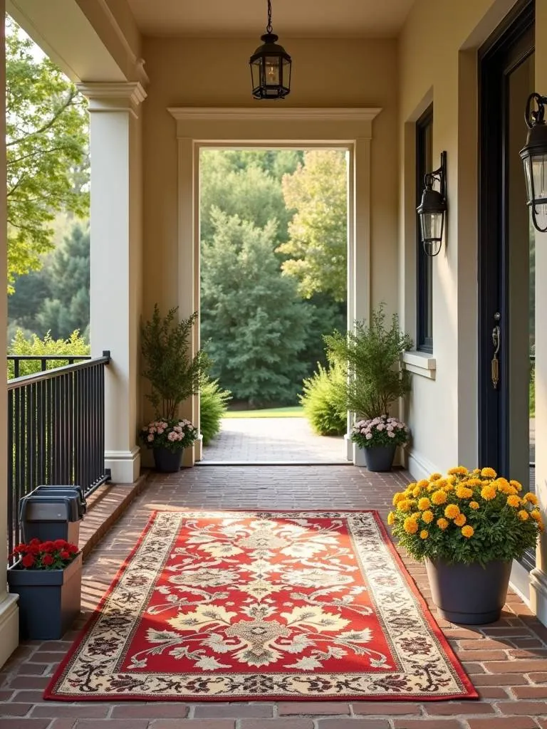 A front porch featuring a stylish, patterned entryway rug on a brick floor.