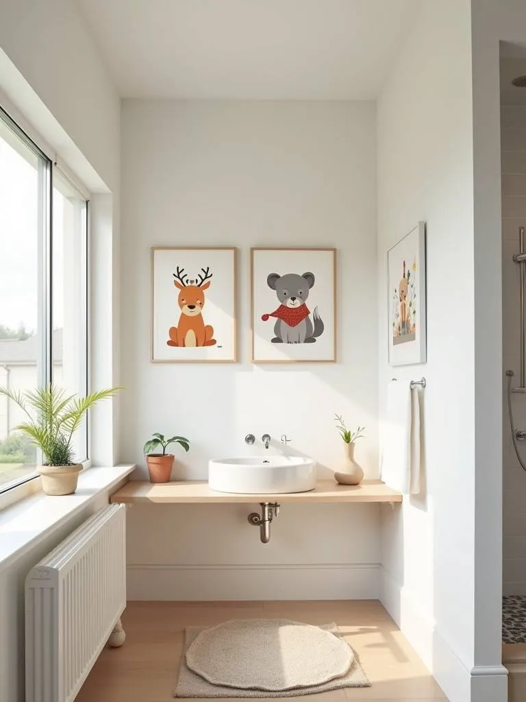 A bright bathroom with framed whimsical animal illustrations above a child-height sink.