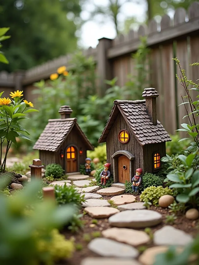 A whimsical fairy garden with miniature houses and plants.