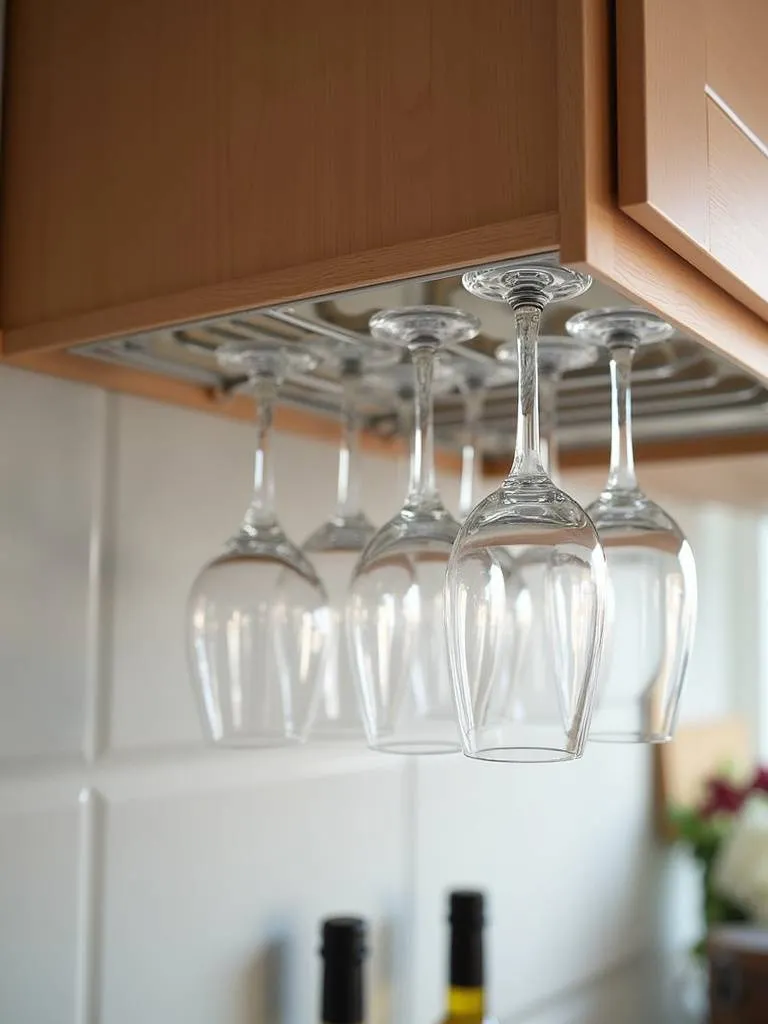 Image of under cabinet wine glass storage rack with stemware stored safely and accessibly
