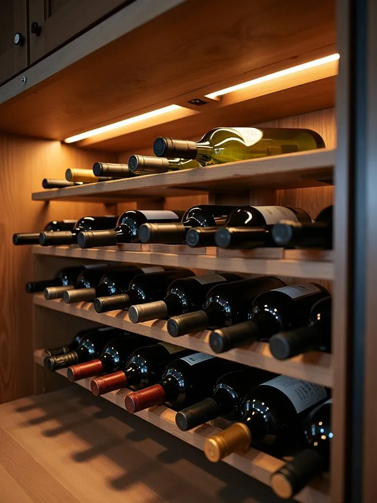 A wine rack with various wine bottles in a kitchen setting