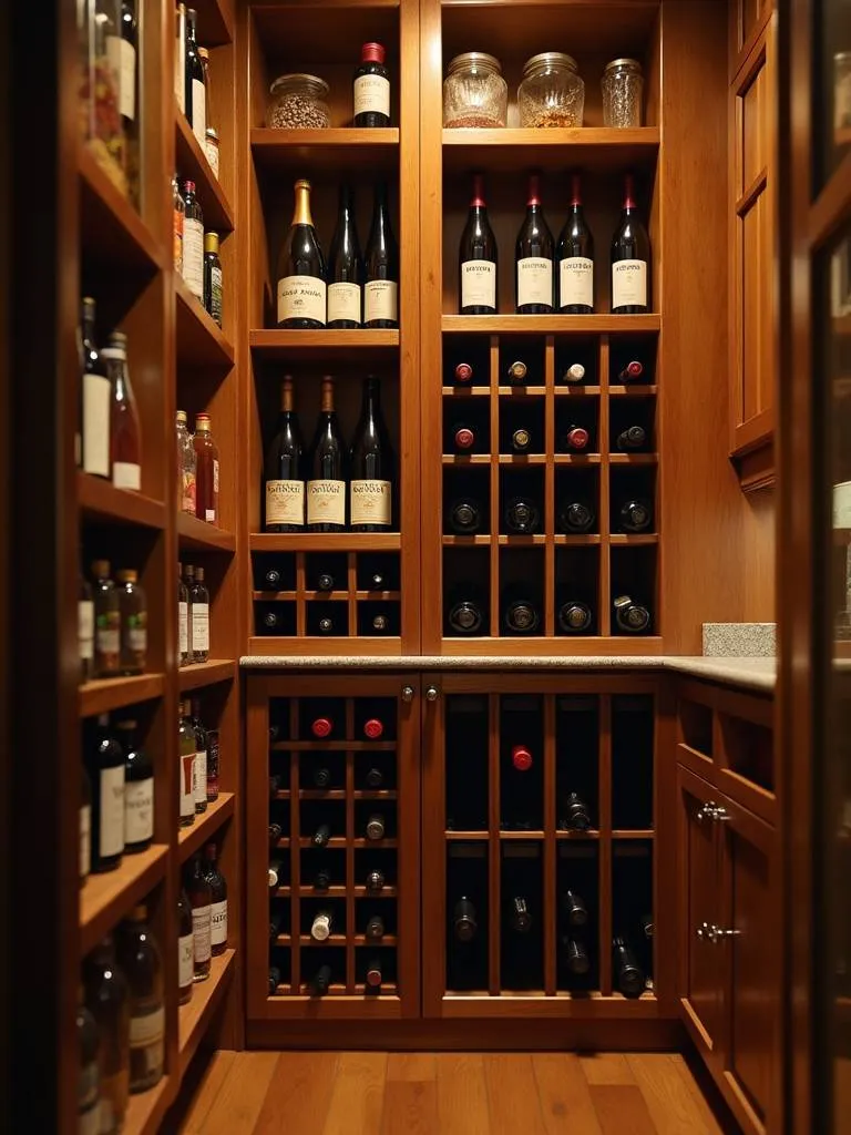 A wine rack filled with wine bottles in a pantry
