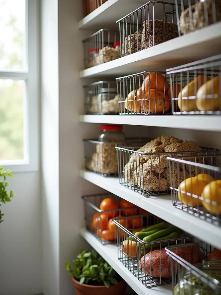 Pantry shelves with wire baskets full of pantry items