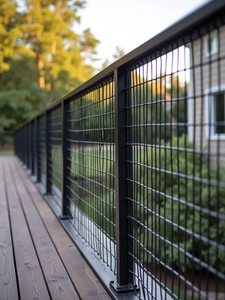 Modern deck with a unique wire mesh railing providing an open yet textured outdoor look.