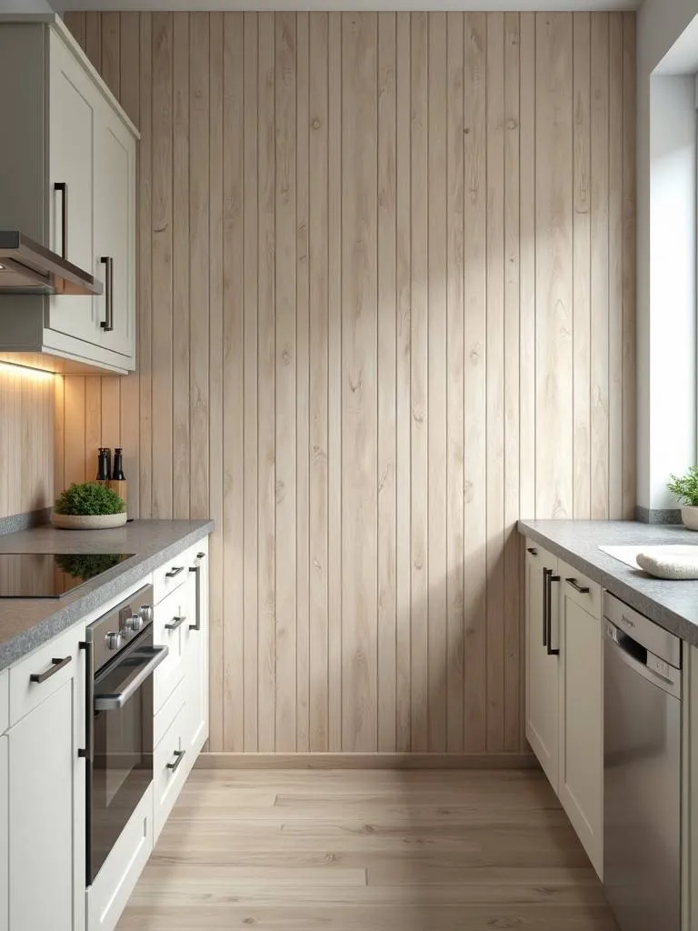 A kitchen with wood plank effect wallpaper wall