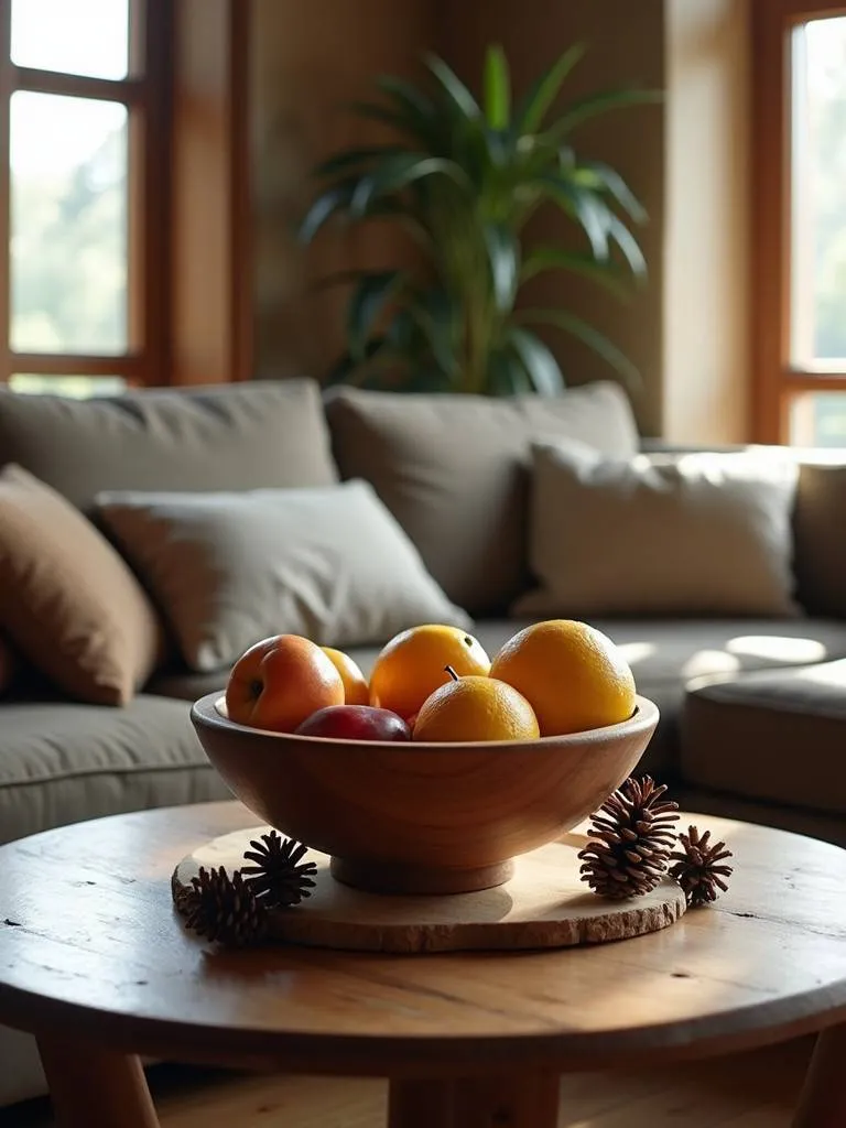 A wooden bowl centerpiece in a rustic living room.