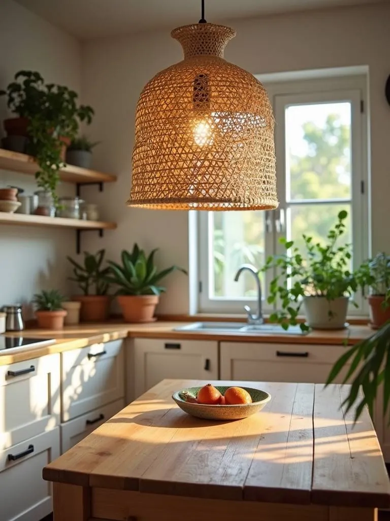 A bohemian kitchen with a large woven rattan pendant above the table.