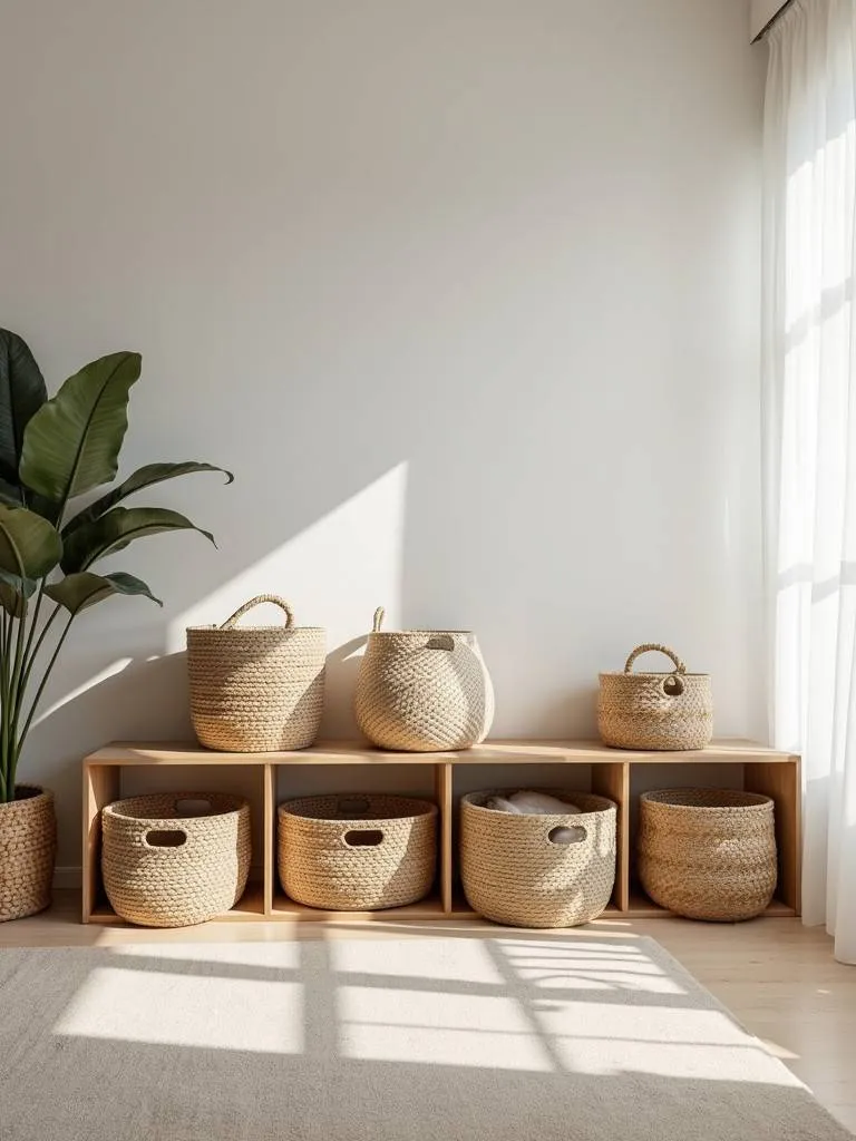 Woven storage baskets are featured in a minimalist living room, providing functional style.