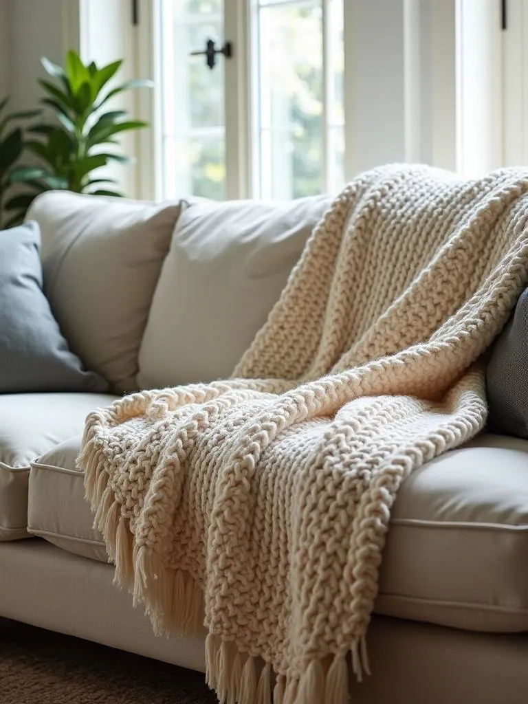 A rustic living room with a woven throw blanket draped on the couch.