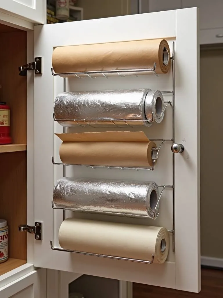A wrap organizer inside a kitchen cabinet with various rolls of foil and plastic wrap