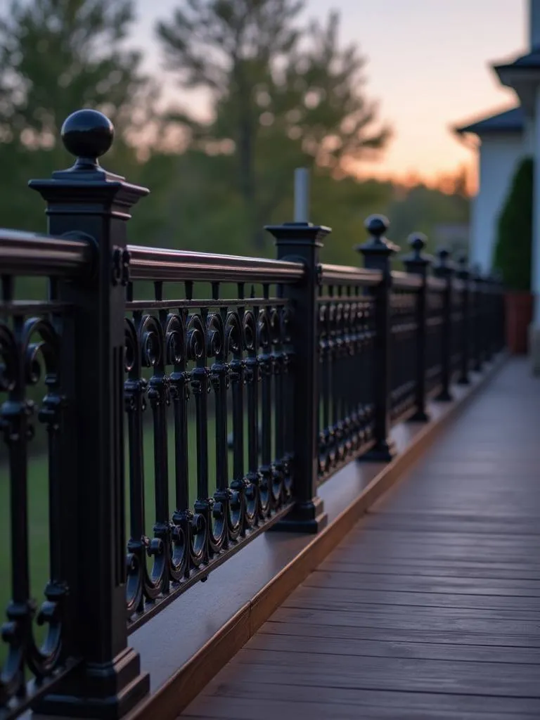 Elegant wrought iron railing with intricate scrollwork, adding a touch of classic beauty to an outdoor living space.
