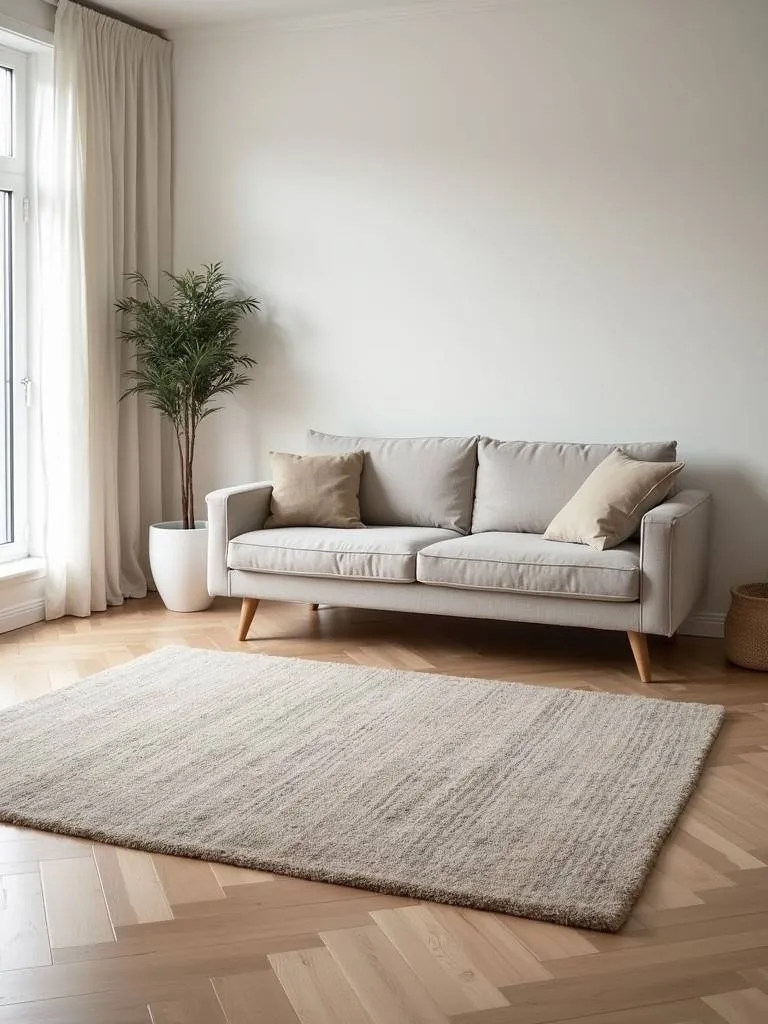 Minimalist living room with neutral-toned rug anchoring the space.