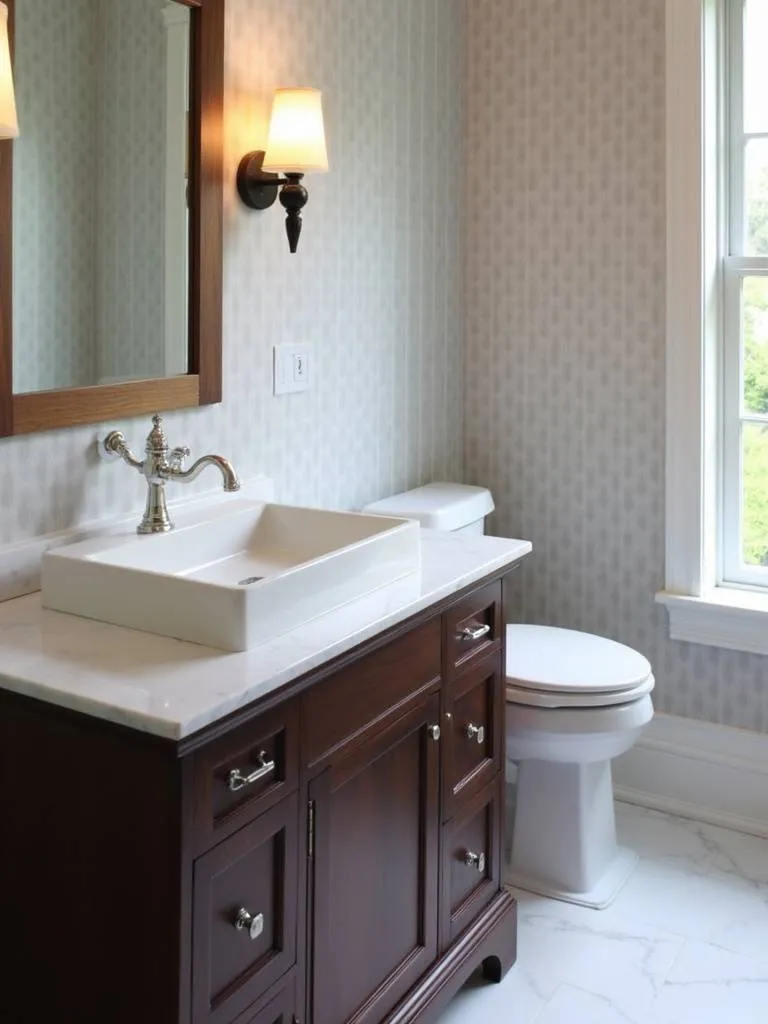 “A rectangular white above-counter basin adds elegance to a dark wood vanity in a small bathroom.”