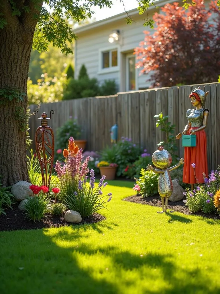 A backyard garden with various artistic sculptures and yard art pieces placed amongst plants and flowers in soft afternoon sunlight.