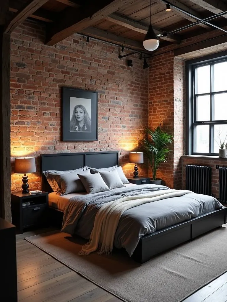 Edgy industrial style bedroom featuring black metal accents, an exposed brick wall, and natural light from a large window.