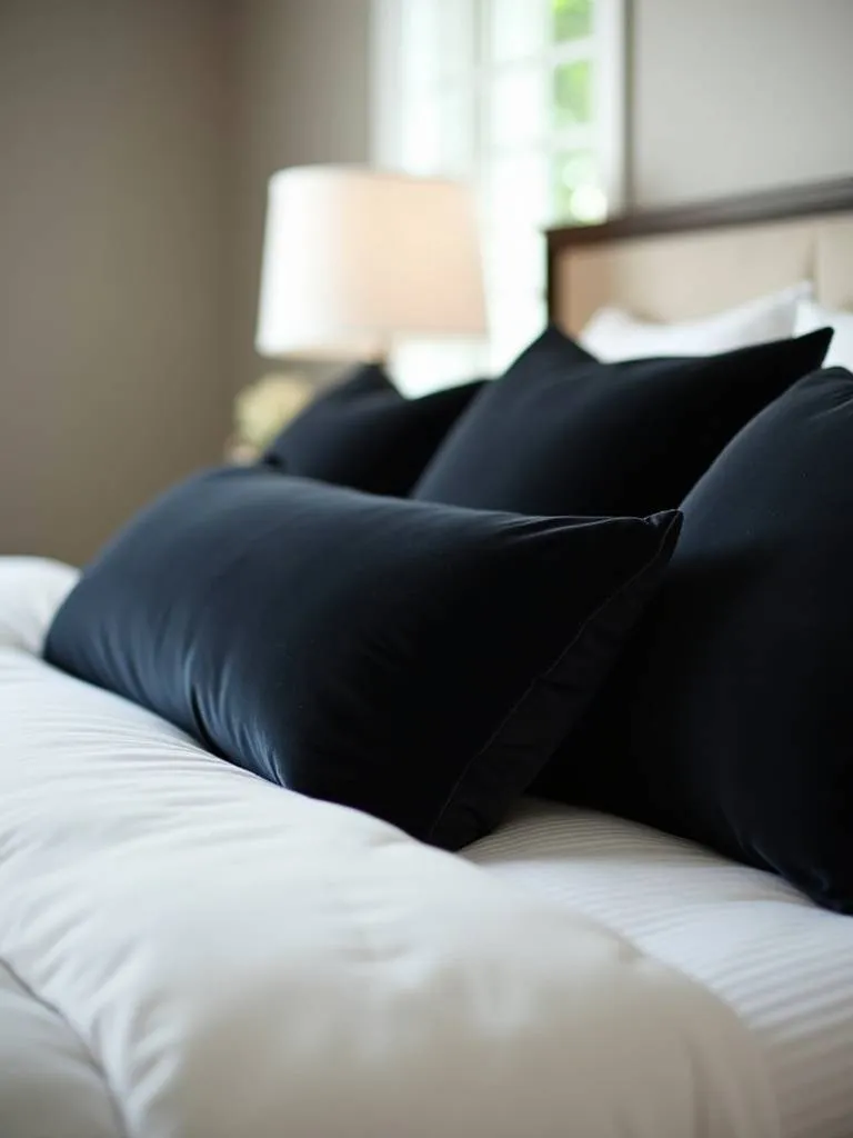 Close-up of a king-sized bed showcasing luxurious black velvet throw pillows on white bedding in soft daylight.