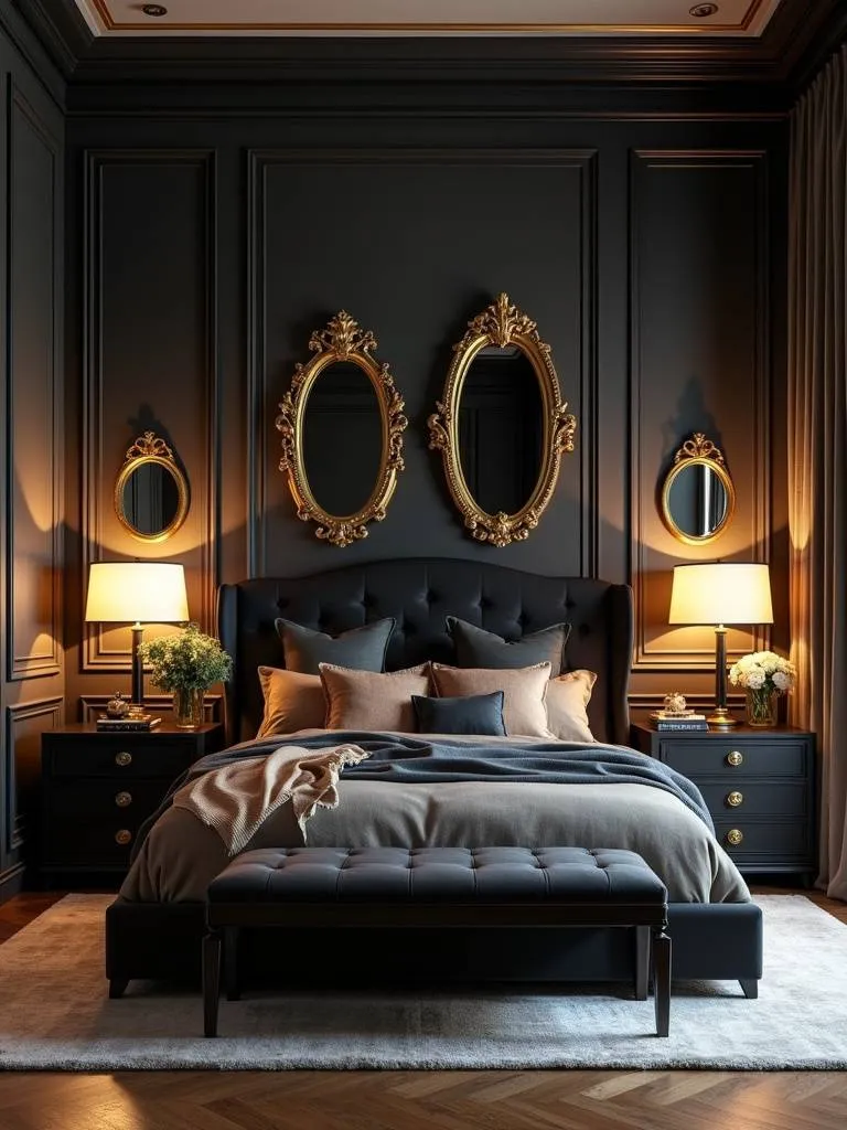 Glamorous black and gold bedroom with gold accents on lighting, mirrors, and decorative items, bathed in warm evening light.
