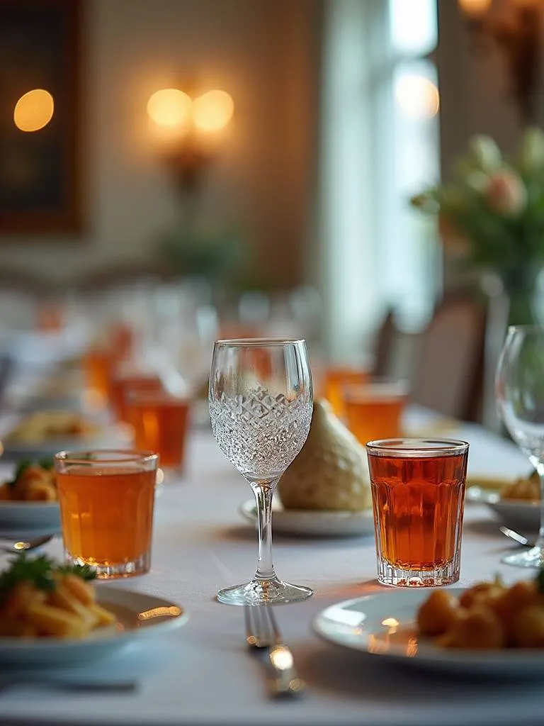 Colorful water glasses add charm to a table setting in a dining room.