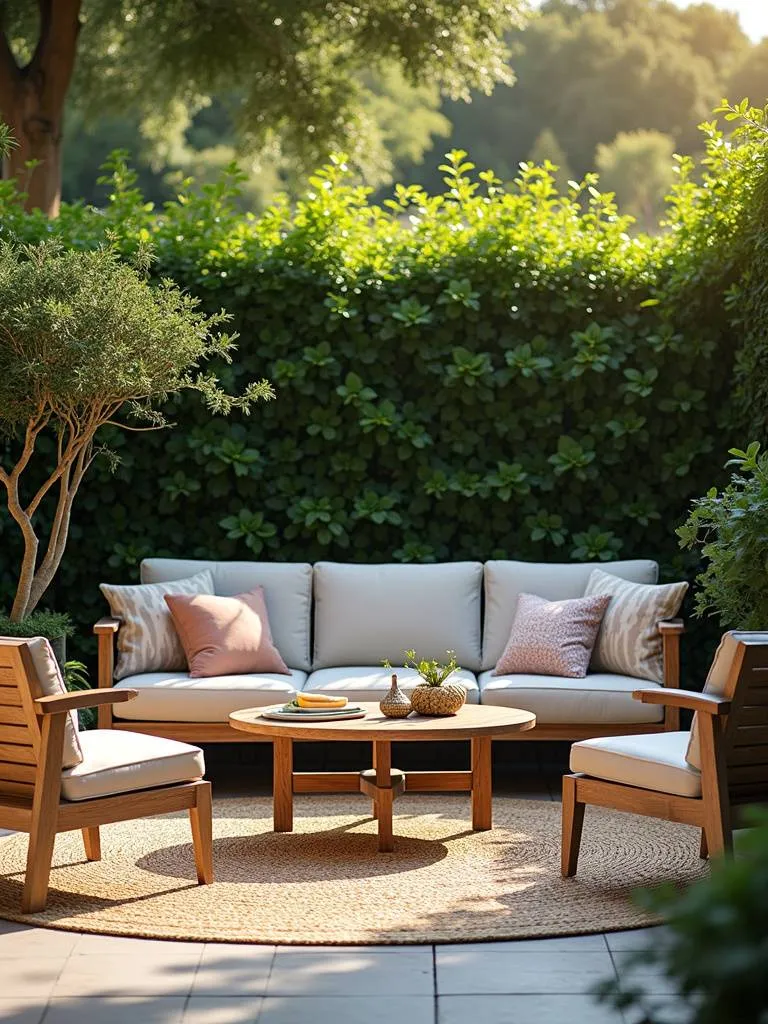 Stylish patio garden featuring comfortable outdoor furniture including chairs, sofa, and rug, creating an inviting outdoor living space.