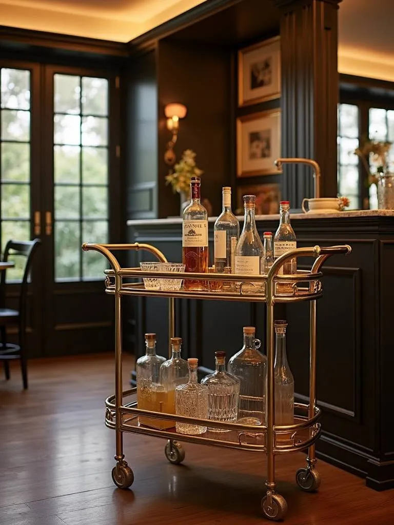 An Art Deco bar cart adds a touch of elegance and convenience to a dining area.