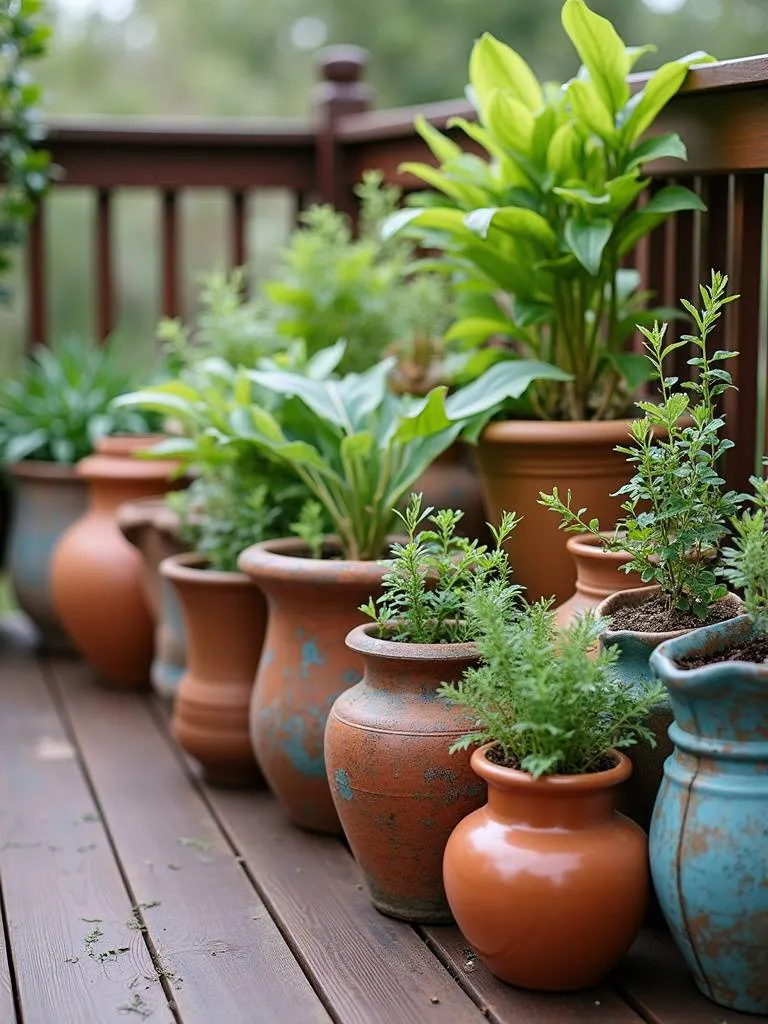 Deck featuring a diverse collection of unique and colorful planters in ceramic, terracotta, and metal, showcasing a personalized and artistic planter display with plants spilling out of the containers.