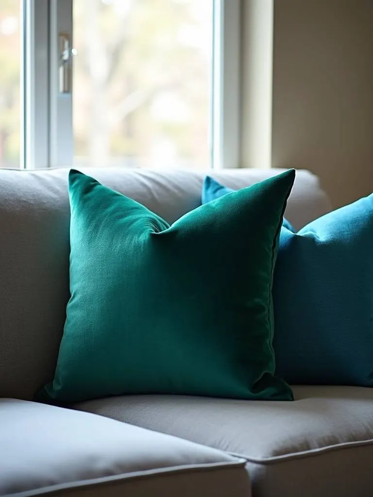 “Grey sofa adorned with jewel-toned velvet accent pillows in emerald green and sapphire blue, adding vibrant pops of color to the living room.”