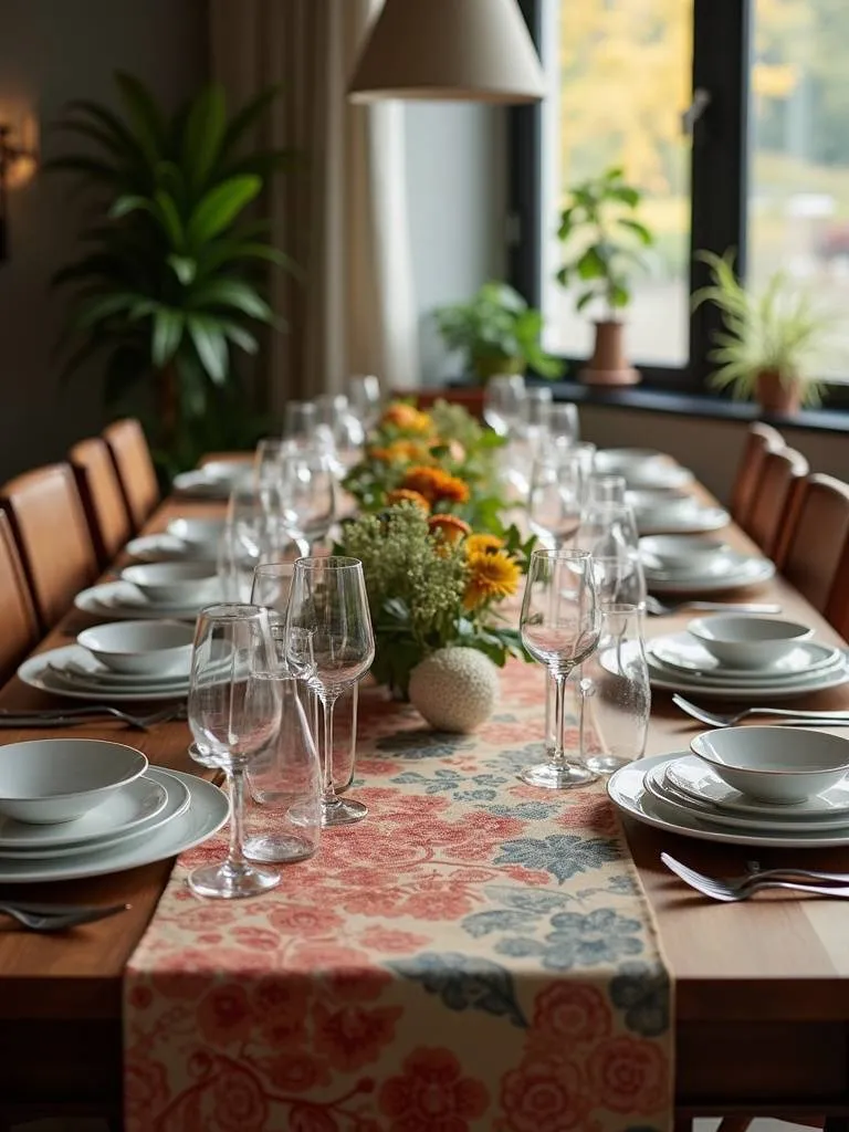 A unique table runner adorns a dining table set with dinnerware.