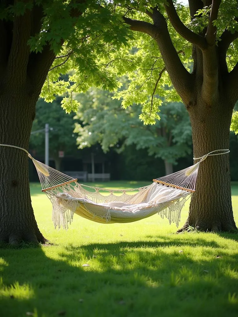 A relaxing backyard hammock strung between trees.