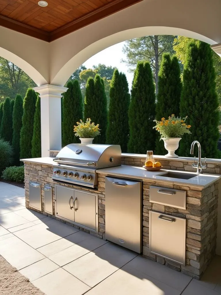 A fully equipped and modern backyard outdoor kitchen.