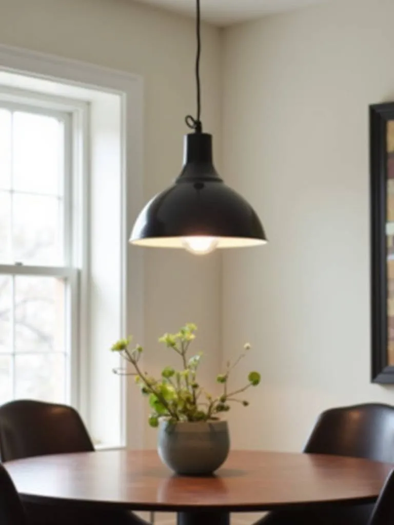 Dining room with an adjustable height pendant light fixture perfectly positioned above the table