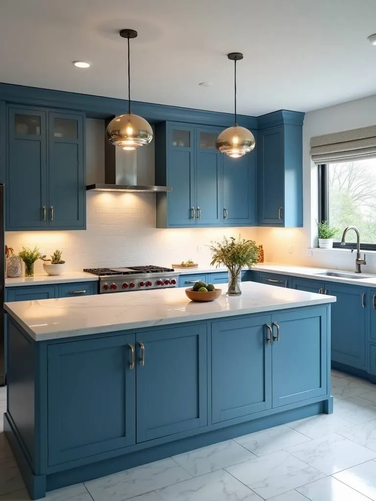 Modern kitchen featuring a gorgeous aegean blue kitchen island.