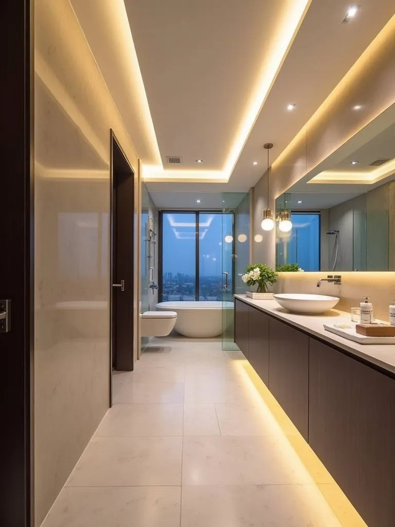A well-lit modern bathroom featuring recessed LED ceiling lights providing ambient illumination throughout the space, complementing the vanity lighting and creating a balanced lighting scheme.