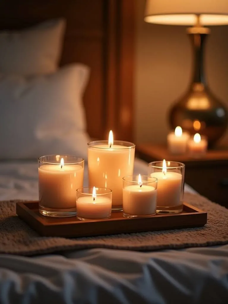 A cozy bedroom scene with aromatherapy candles of varying sizes and scents arranged on a wooden tray, their flickering candlelight creating a warm and inviting ambiance