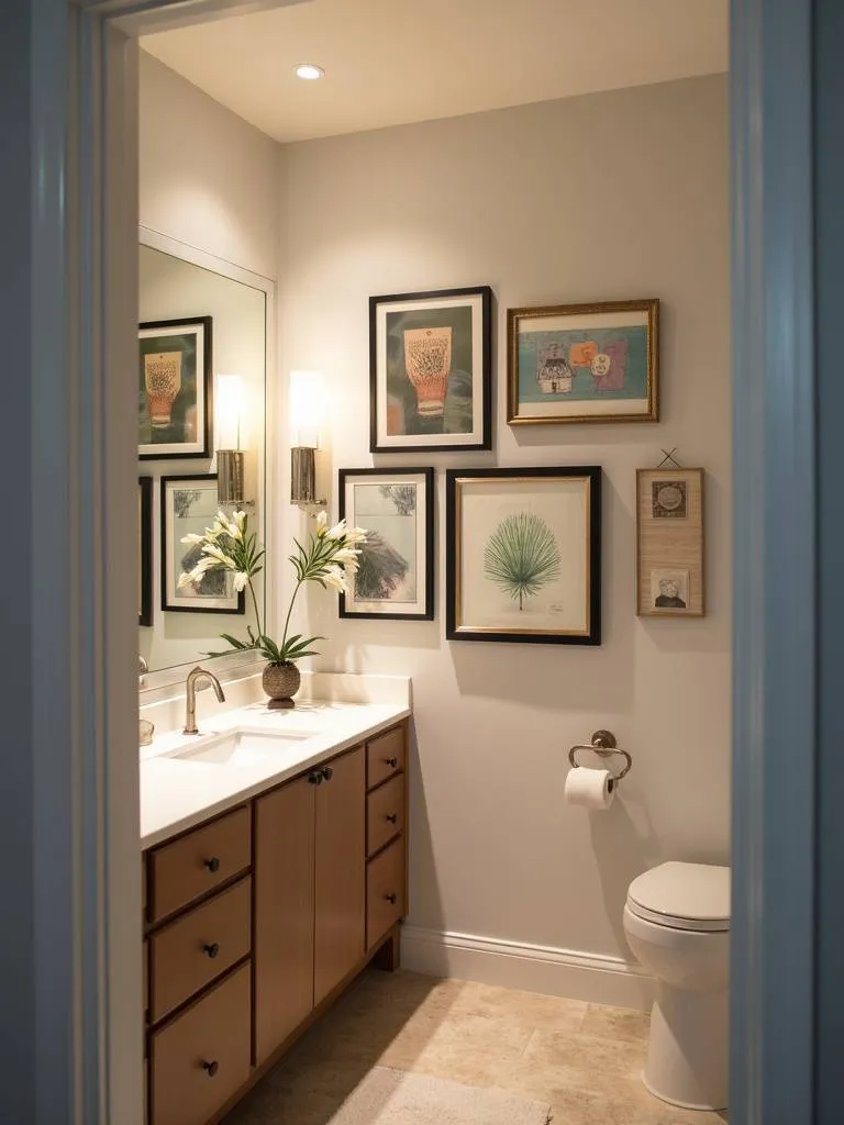 Bathroom wall with a gallery wall of framed prints and artwork adding personality to the space