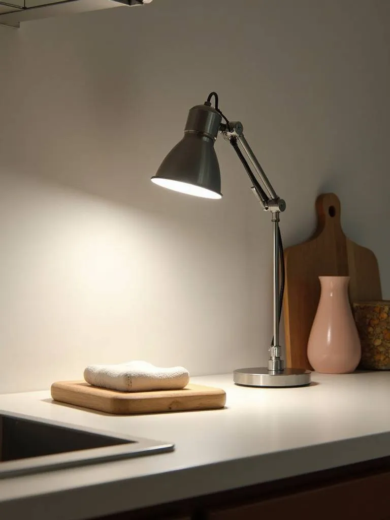 Modern kitchen with an articulating wall arm lamp.