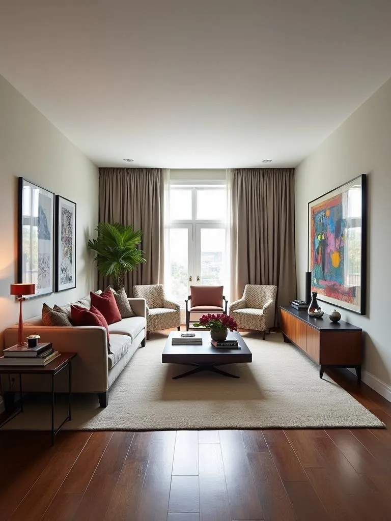 “Contemporary living room showcasing an asymmetrical layout with a sectional sofa balanced by armchairs and a floor lamp, creating a dynamic and visually interesting space.”