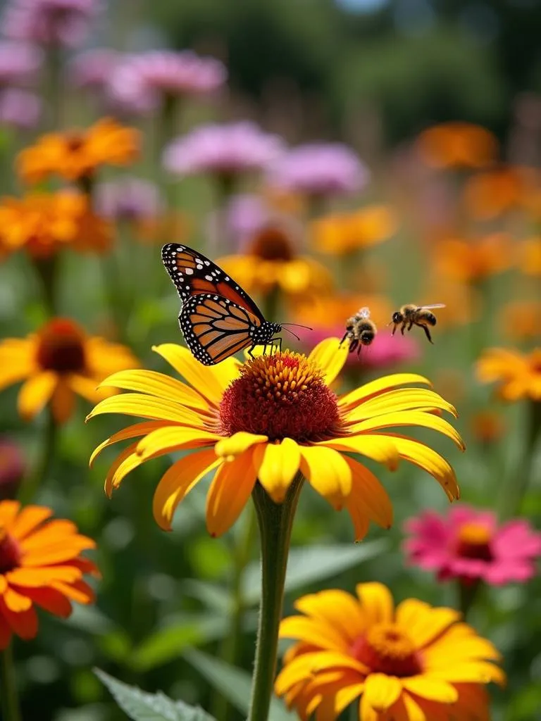 Butterfly and bee-friendly patio garden brimming with colorful flowers attracting pollinators like butterflies and bees.