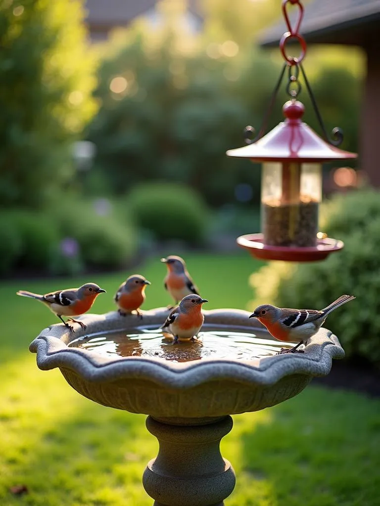 A backyard bird bath and bird feeders attracting various birds in soft afternoon sunlight within a lush green garden.
