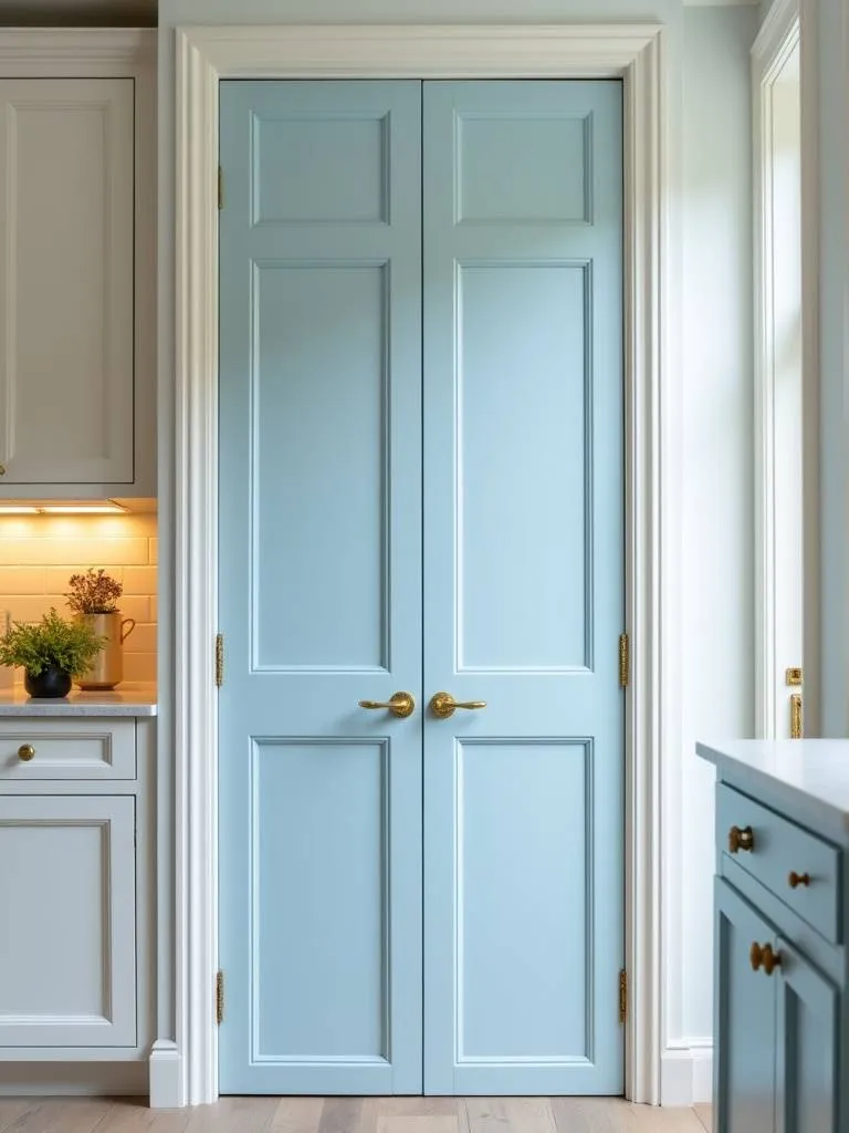 A kitchen featuring a baby blue pantry door with gold handles.