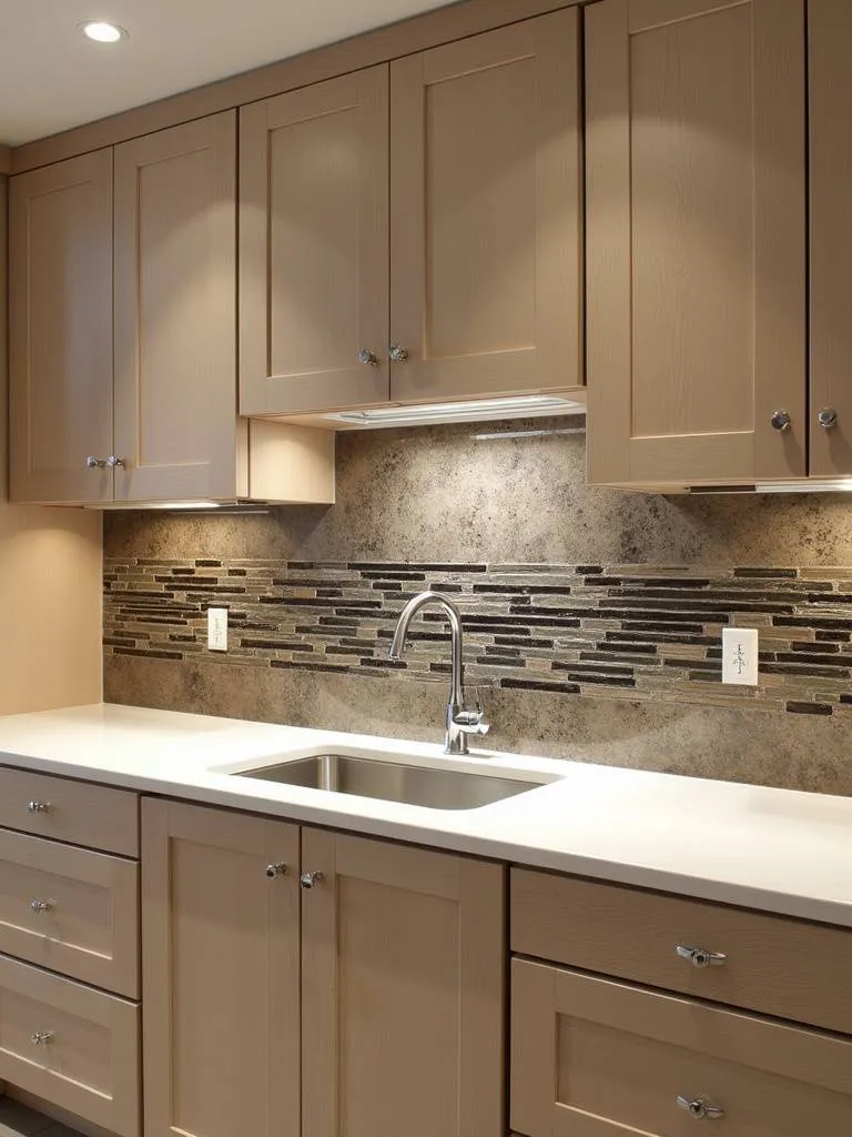 Modern kitchen featuring an artistic backsplash made of mixed media tiles in an abstract pattern