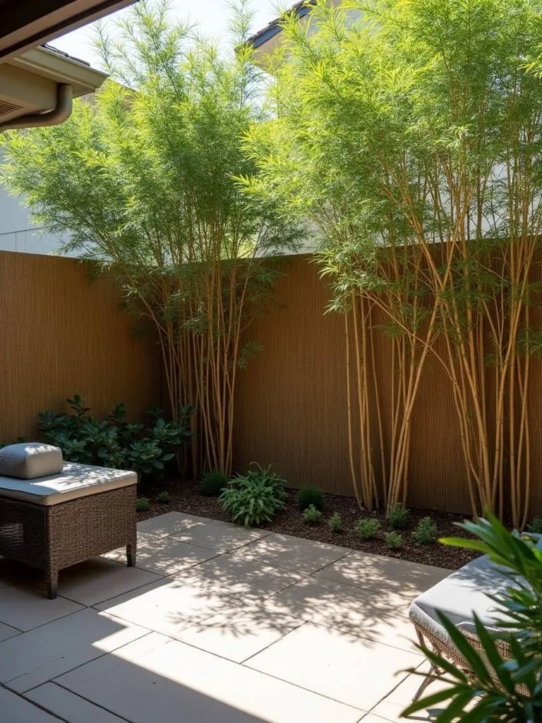 A patio featuring bamboo privacy screens creating a secluded outdoor space.