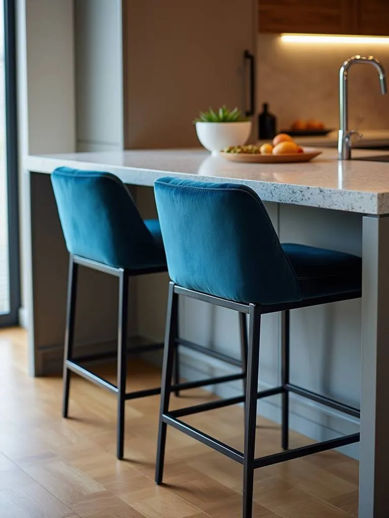 Contemporary kitchen island with stylish blue velvet and black metal bar stools
