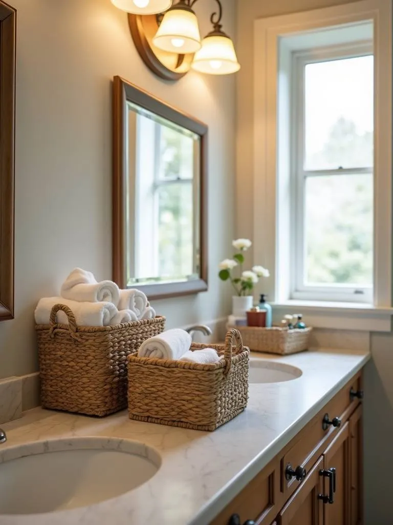 Bathroom vanity countertop with natural woven baskets organizing toiletries and towels