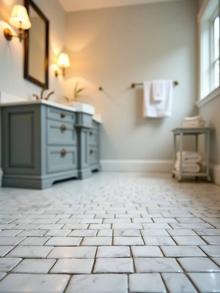Traditional bathroom floor with a white and grey basketweave tile pattern, adding timeless texture and sophistication.