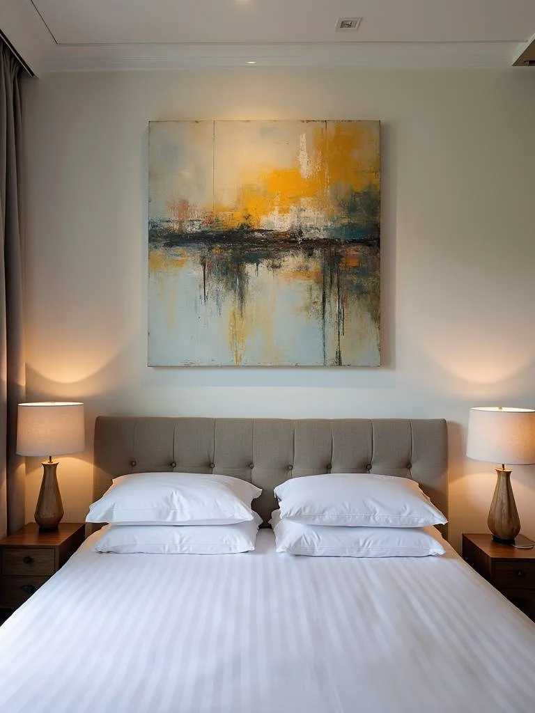 Personalized luxury bedroom featuring bespoke abstract artwork adding a unique and artistic touch.
